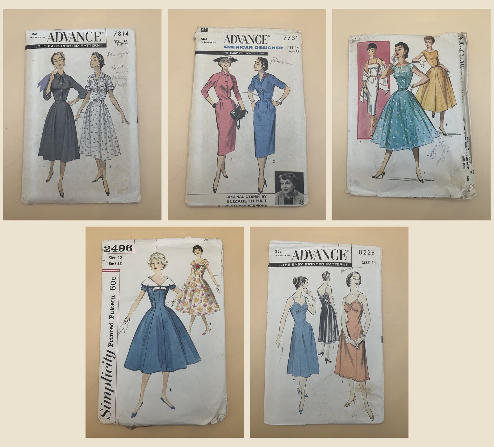 Lot 5 Vintage 1950s Dress Sewing Patterns Bust 32 Advance Simplicity McCalls