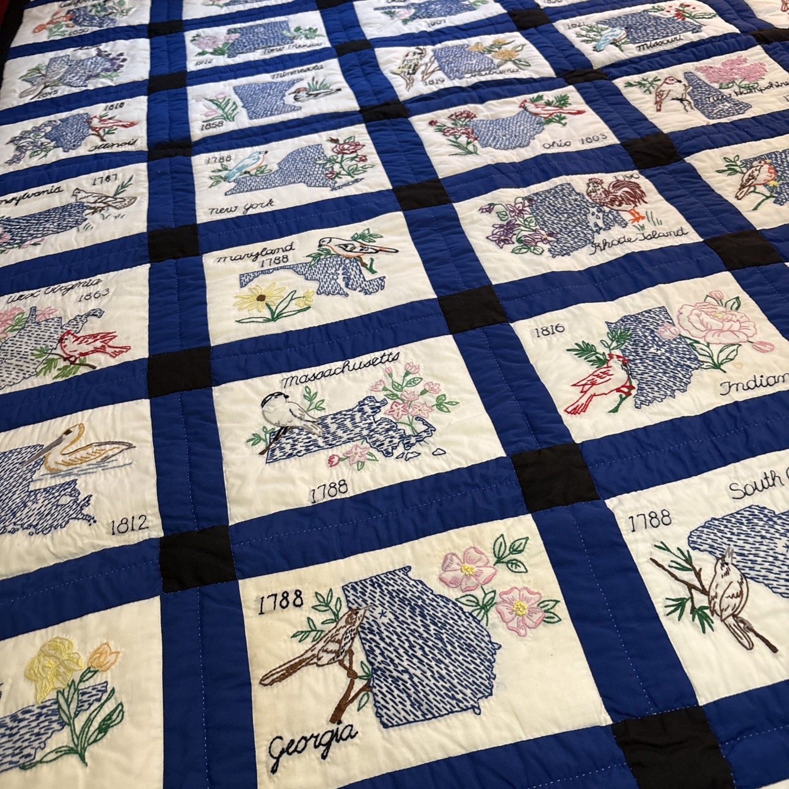 Amish Made States Quilt With Name, Flower, Bird, And Year - 85” X 106”