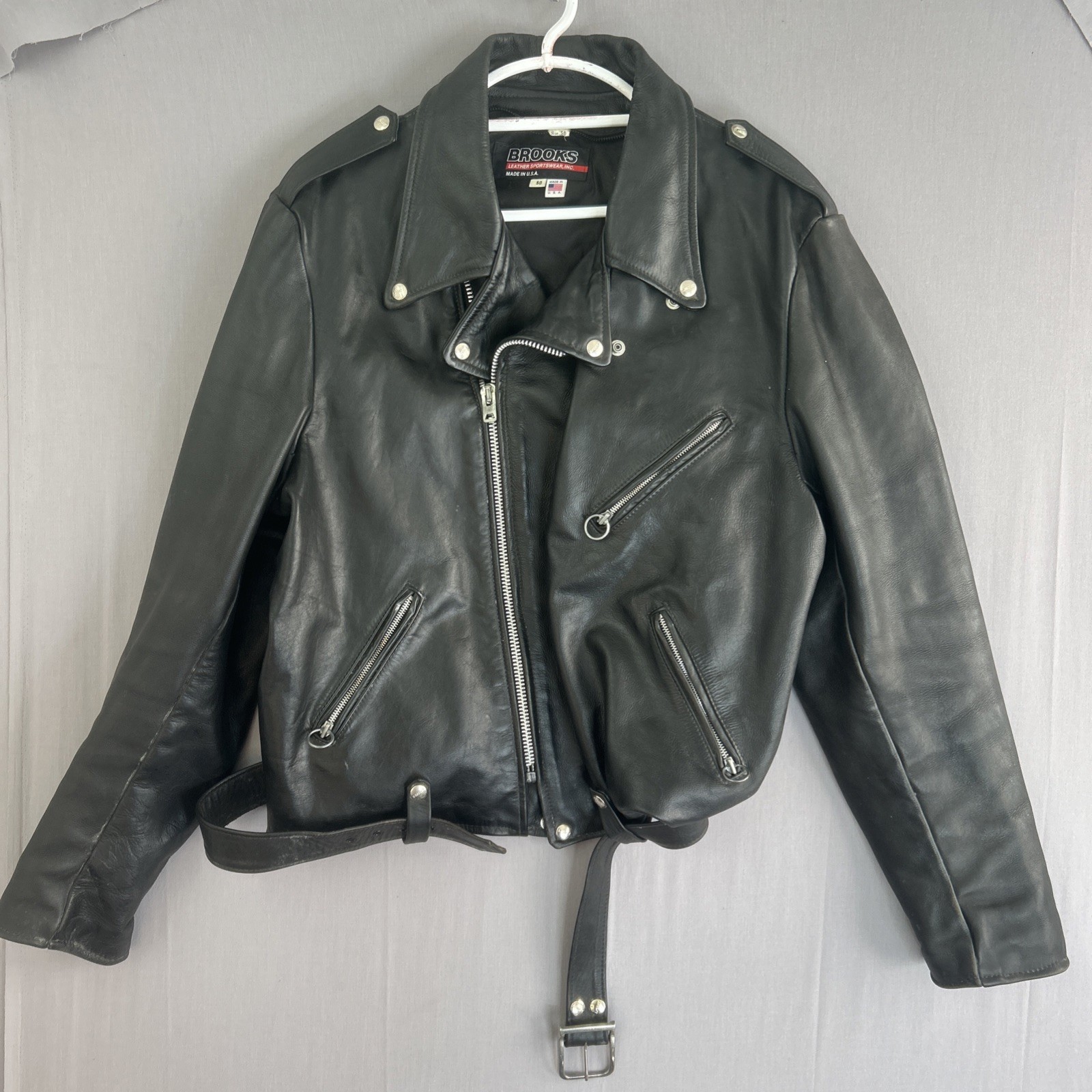 Vintage Brooks Leather Motorcycle Jacket Mens Size 50 Belted Biker USA Talon Zip