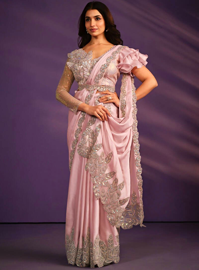 Handmade Women’s Pink Satin Saree Silver Embroidery Matching Blouse