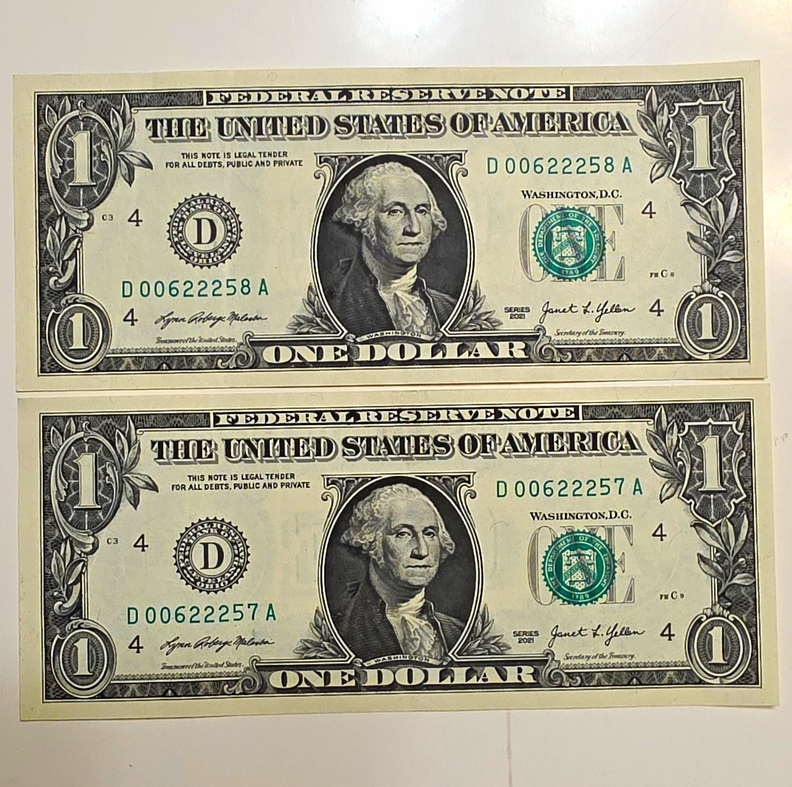 2x 2021 $1 **SEQUENTIAL**LOW SERIAL Uncirculated Federal Reserve Notes Banknotes