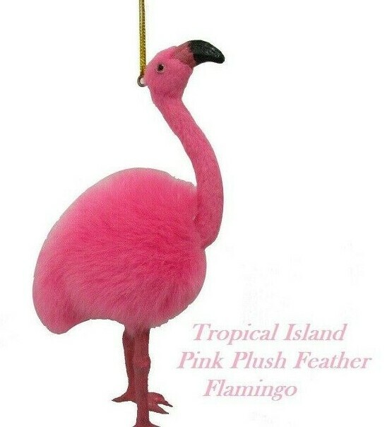 Tropical Beach Island Tiki Luau Plush Pink Feather Flamingo Ornament Coastal