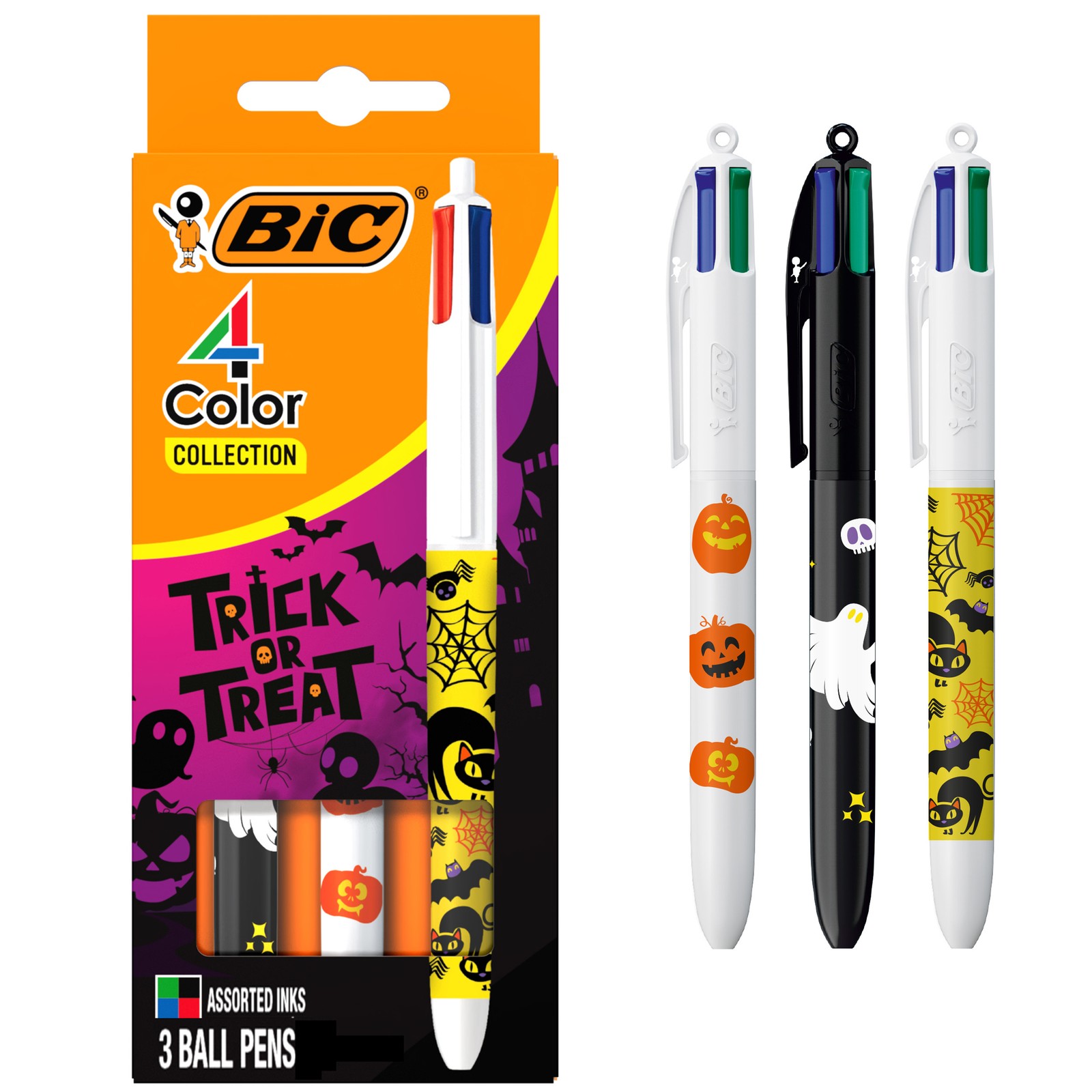 BIC 4-Color Ballpoint, Multicolor Pens, Halloween Designs, 3-Count