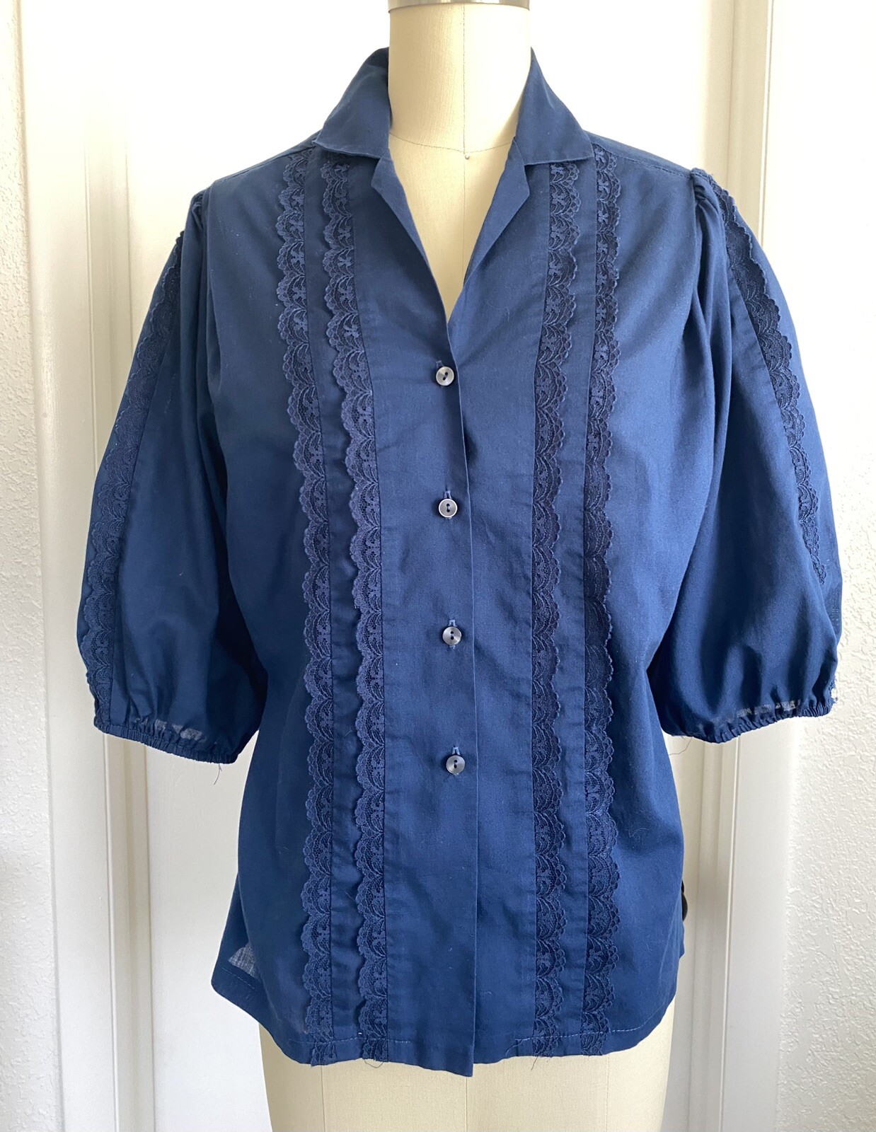 Women\'s Vintage 70\'s Boho Prairie Cottagecore Full Sleeve Navy Blouse Calico S