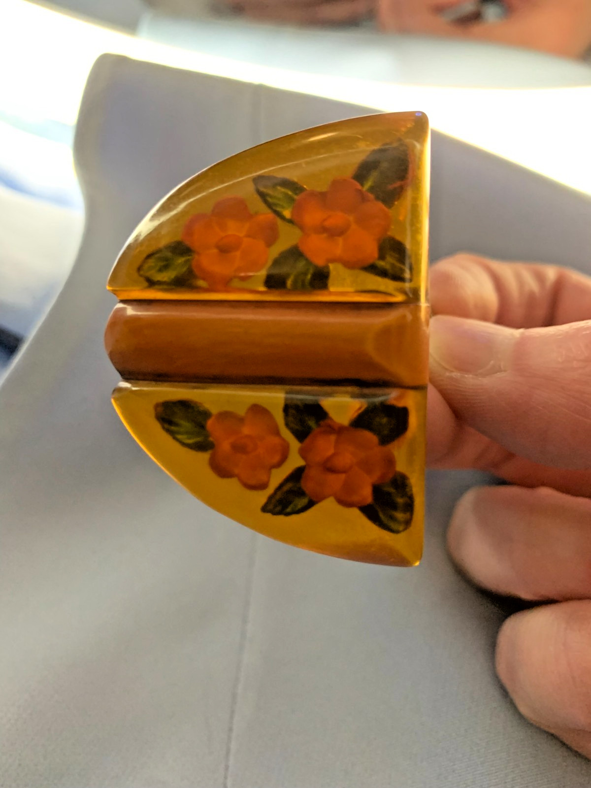 Vintage 1930s Apple Juice Bakelite Dress Clip Reverse Carved Floral Art Deco USA