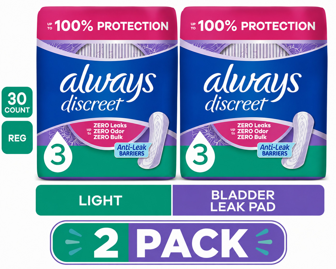 2x Always Discreet Incontinence Pads for Women Light Absorbency Regular 30 Ct Ea