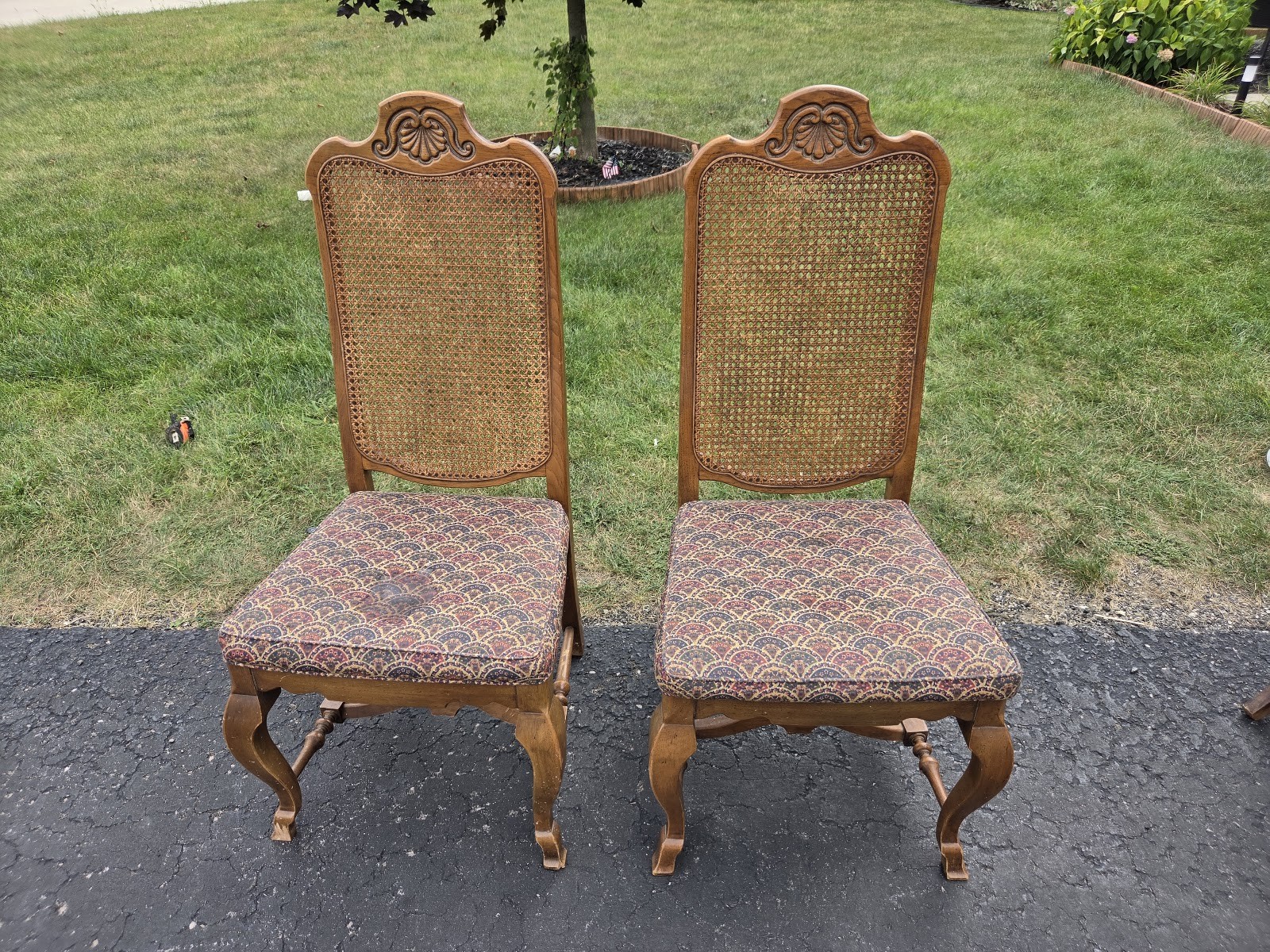 Pair Vintage Carved Wood Cane Back Chairs Upholstered Seats Local Pickup Pair Vintage Carved Wood Cane Back Chairs Upholstered Seats Local Pickup