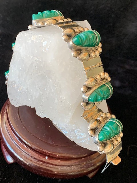 Vintage Mexican Sterling Silver Green Onyx Carved Panel Bracelet 49.4g