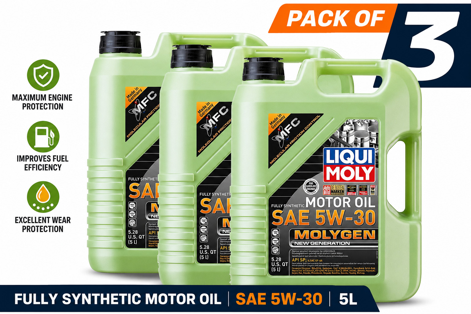 Pack of 3 LIQUI MOLY 20228 Molygen New Generation 5W-30; 5 Liter Pack of 3 LIQUI MOLY 20228 Molygen New Generation 5W-30; 5 Liter