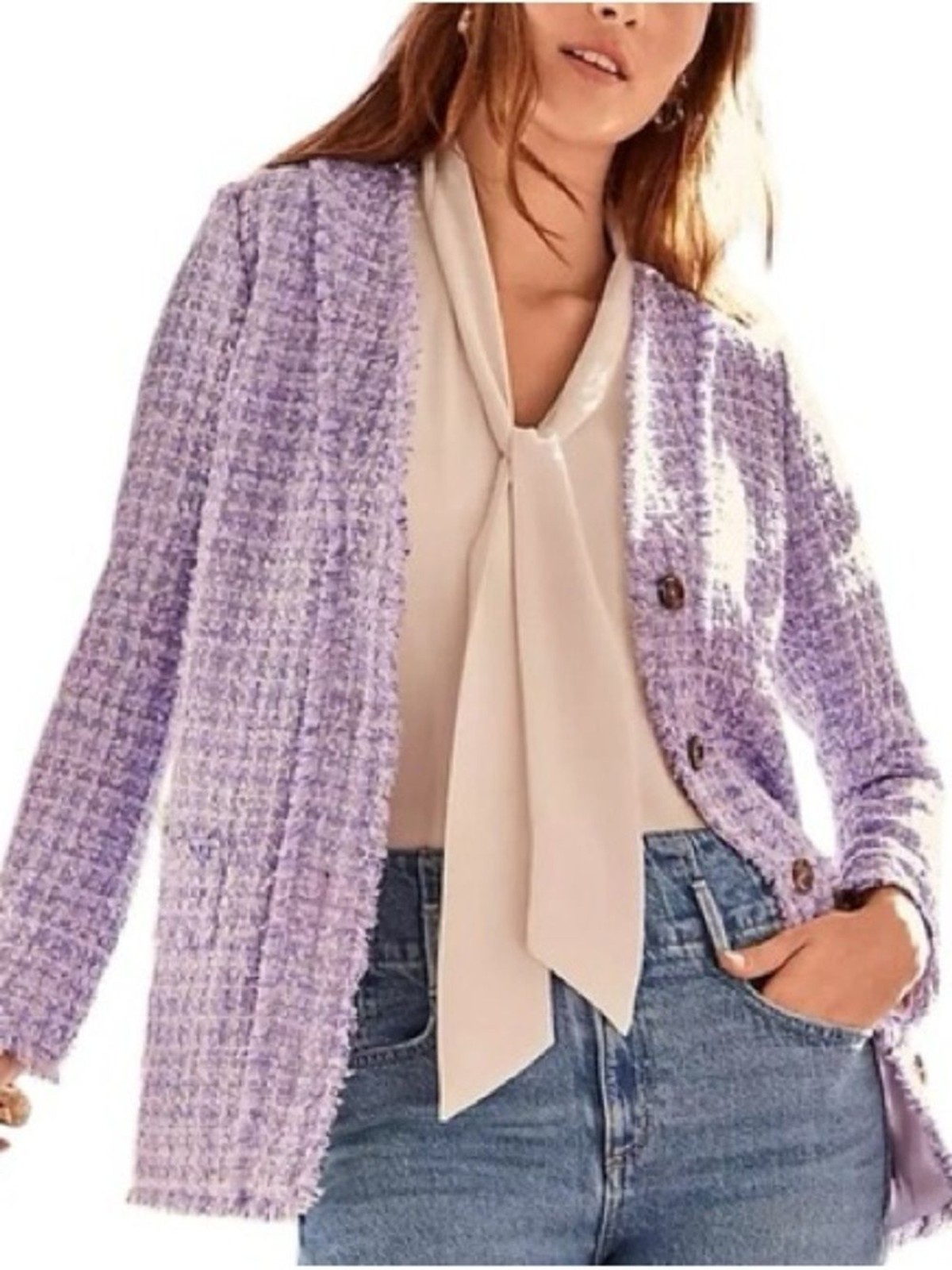 NWT Ann Taylor Women’s Fringe Tweed Cardigan Jacket Lilac Purple Size 6P