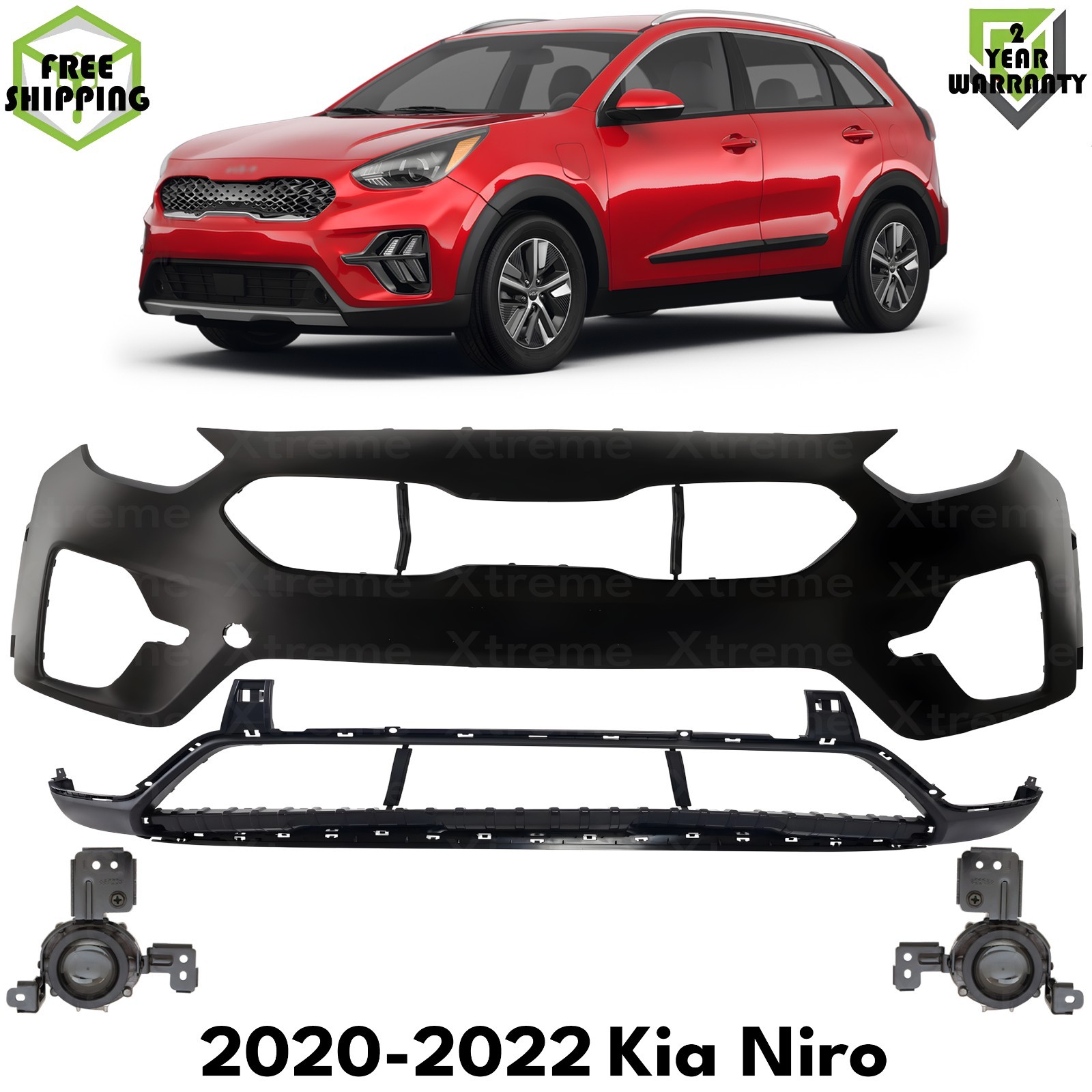 Front Bumper Cover Primed Plastic & Fog Lights Kit For 2020-2022 Kia Niro