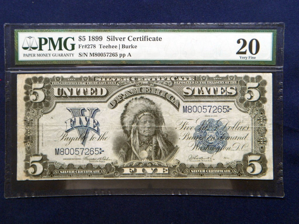 1899 USA RARE Banknote 5 Dollars Silver Certificate blue seal VF PMG Pick 340(8)
