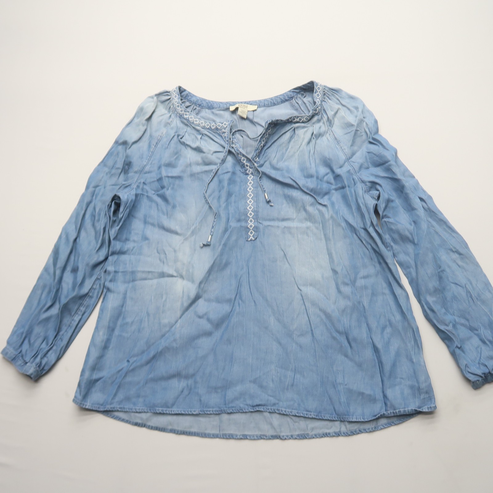 Vintage America Denim Jean Blouse Large Tassel Boho Long Sleeve Lyocell Top Vintage America Denim Jean Blouse Large Tassel Boho Long Sleeve Lyocell Top