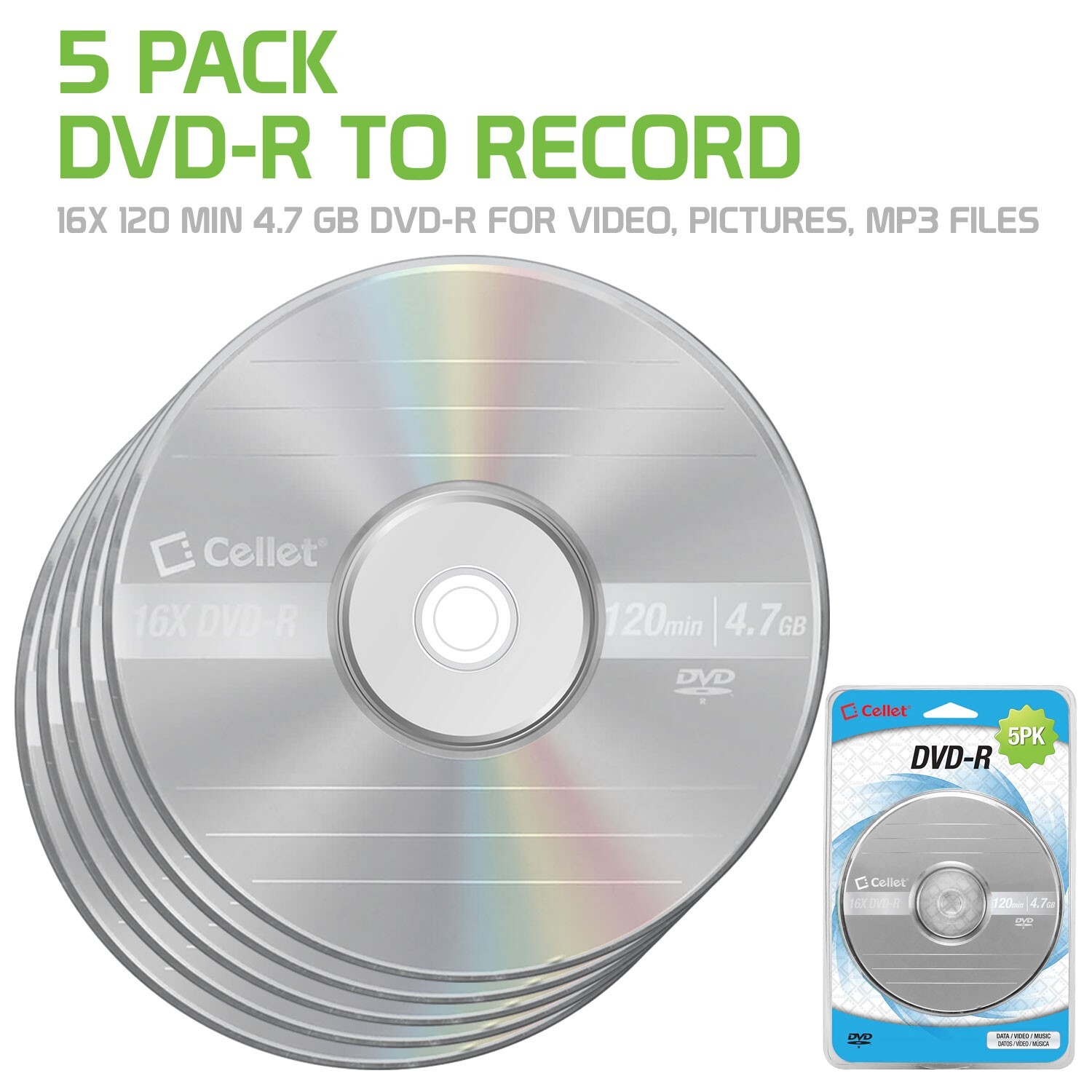 Cellet 5-Pack DVD+R 4.7GB 16X Optical Recordable Media Blank Disc
