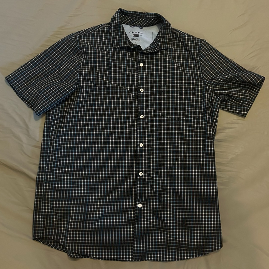 Chaps Men’s Large Everyday Performance Plaid Shirt Short Sleeve Black Buttons LG