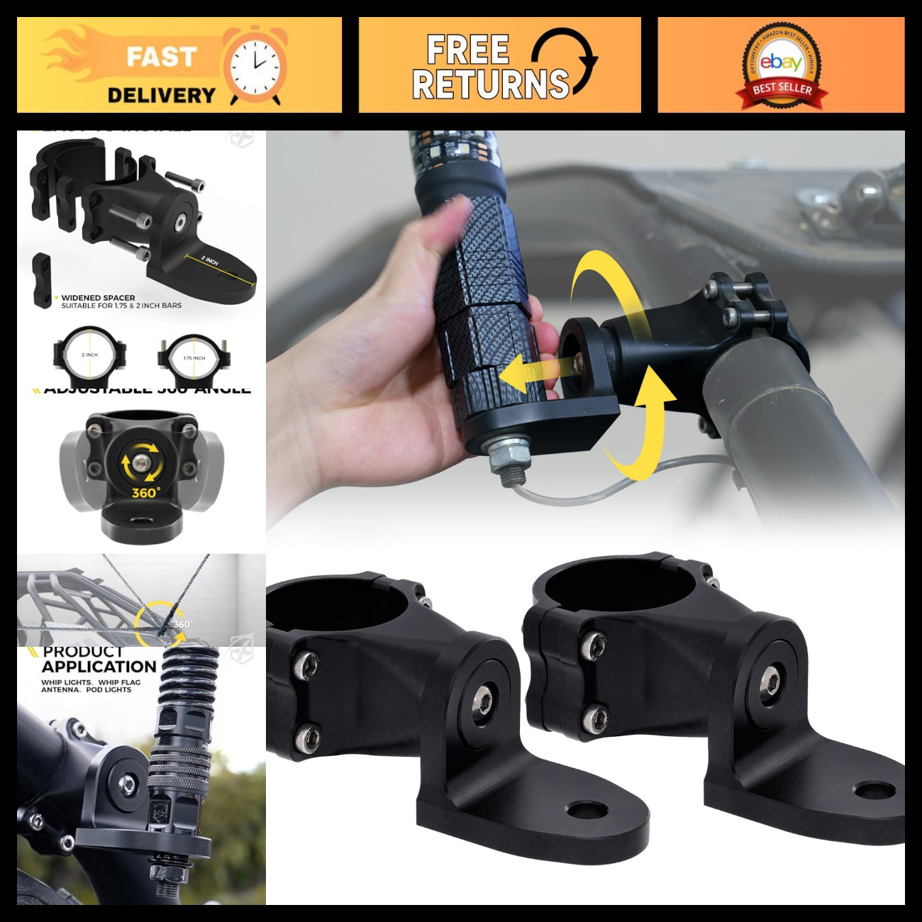 Heavy-Duty Flag Pole Holder & Whip Light Mount, 360° Adjustable Bracket for ATV, Heavy-Duty Flag Pole Holder & Whip Light Mount, 360° Adjustable Bracket for ATV,