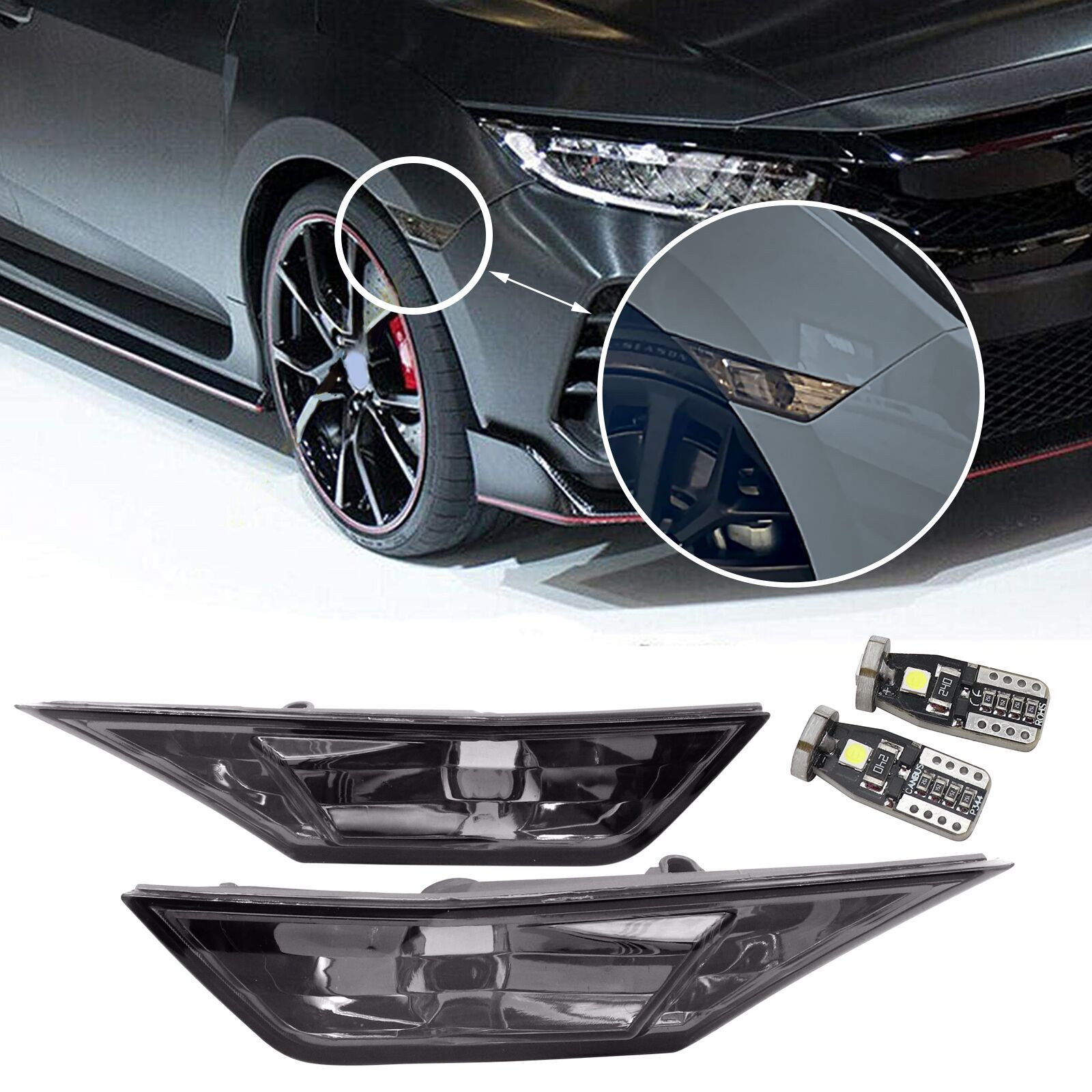 FOR 2016-2021 HONDA CIVIC SMOKED SIDE MARKER LAMP TURN SIGNAL LIGHT W/ LED BULBS