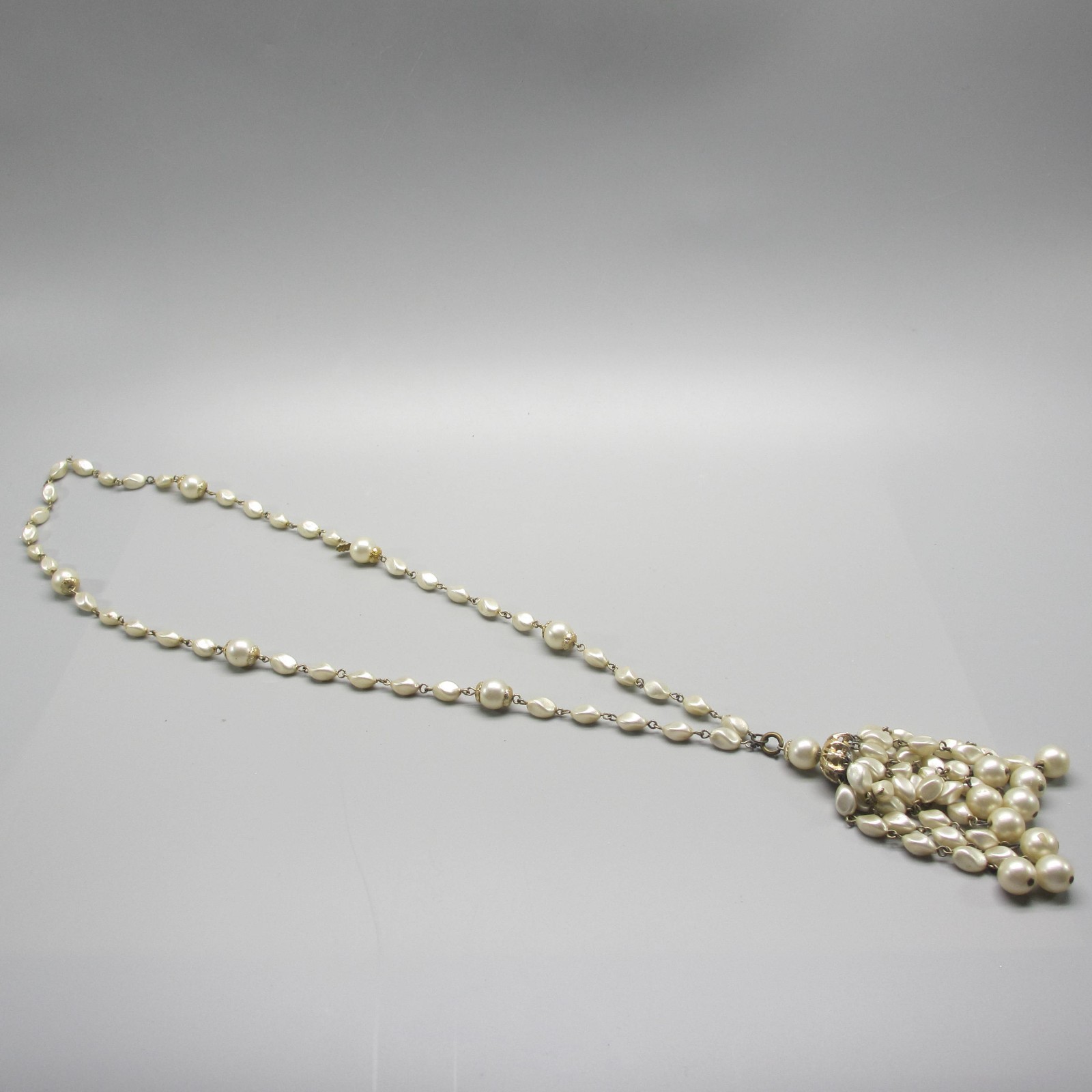 Vintage MCM Tassel Necklace Simulated Pearl 26 Inch