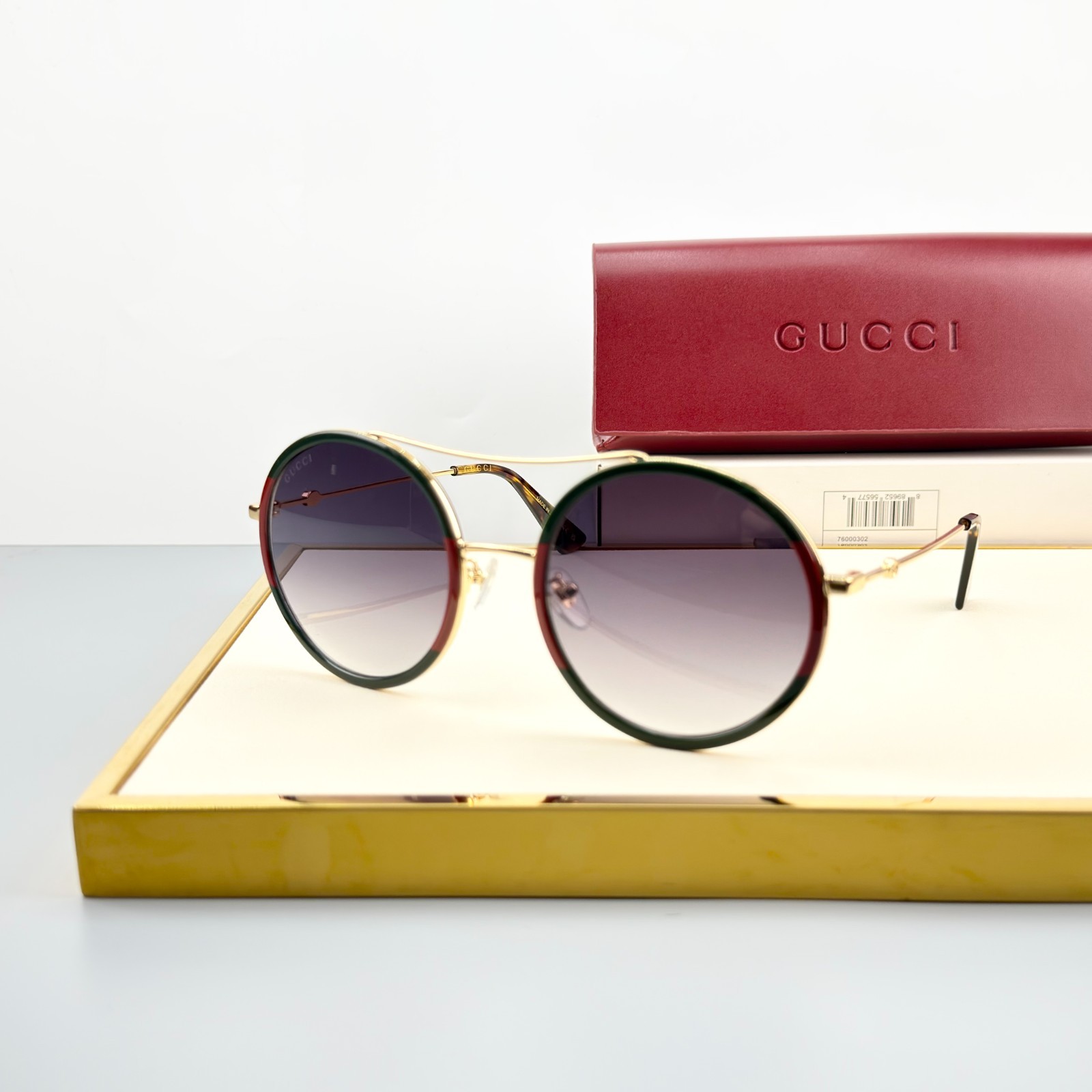 Gucci GG0061S 003 Round Gold Frame Green Red Trim Gradient Sunglasses w/ Box Gucci GG0061S 003 Round Gold Frame Green Red Trim Gradient Sunglasses w/ Box