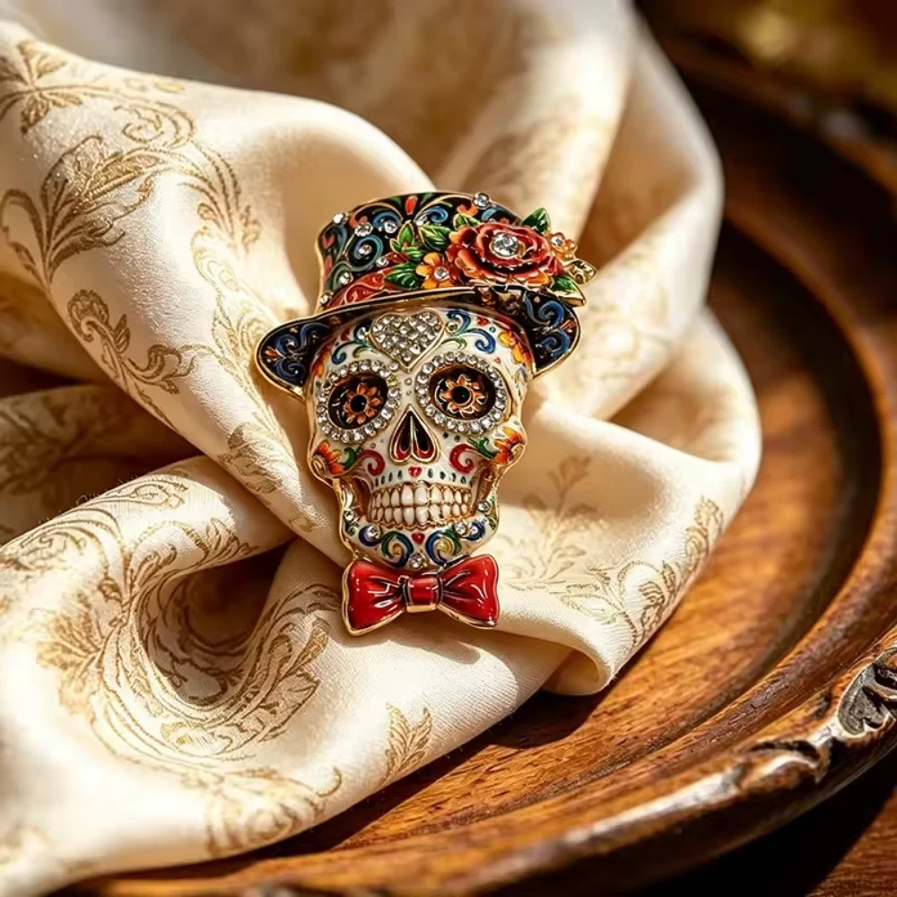 Vintage Halloween Sugar Skull Brooch Day of the Dead Rhinestone Gothic Jewelry G