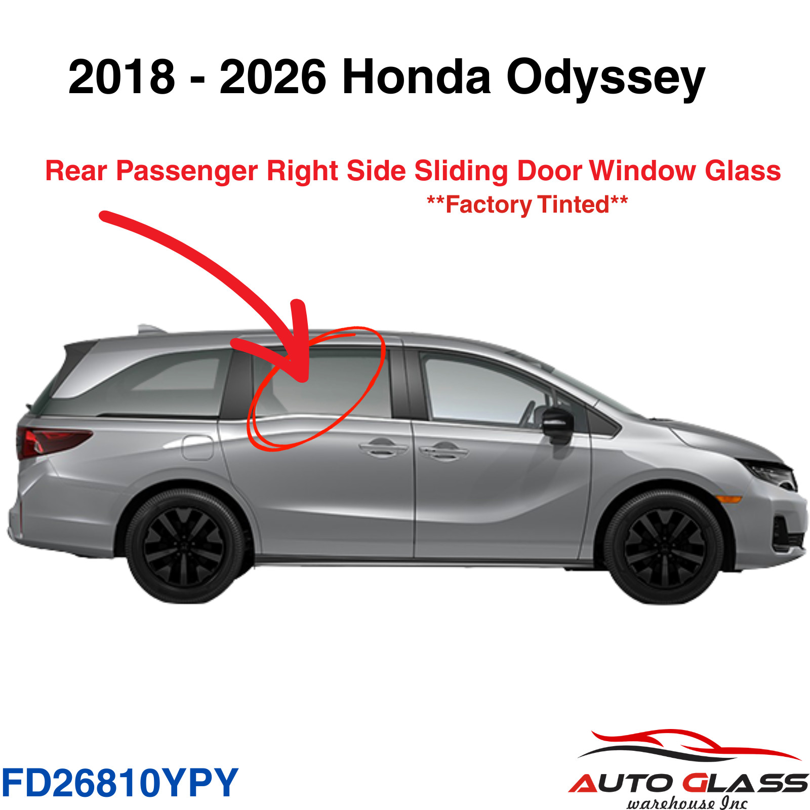Fits 18-26 Honda Odyssey Passenger Right Side Rear Sliding Door Window Glass