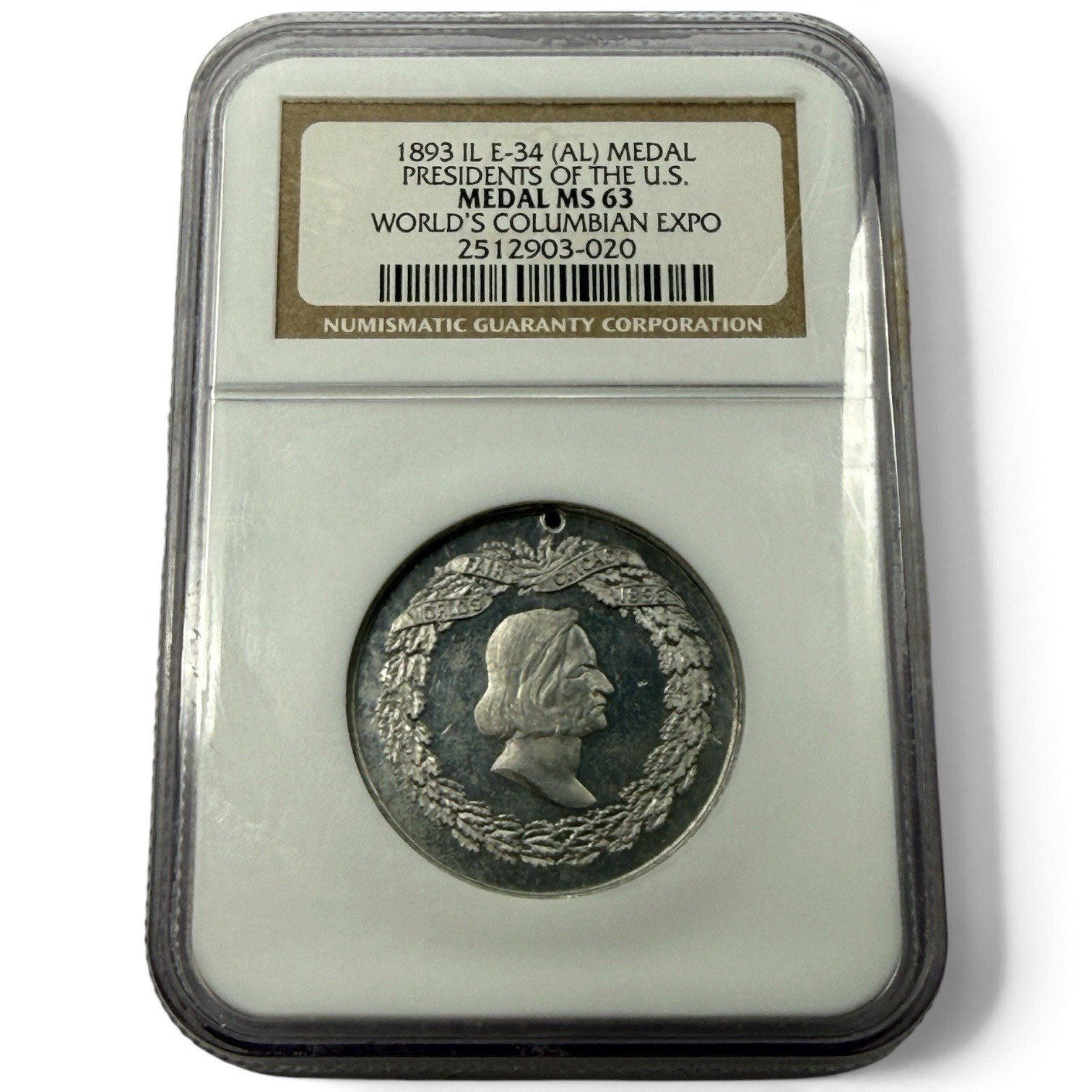 1893-Chicago Columbian Expo, Presidents of U.S. Medal, E-34, NGC MS 63-Looks PL