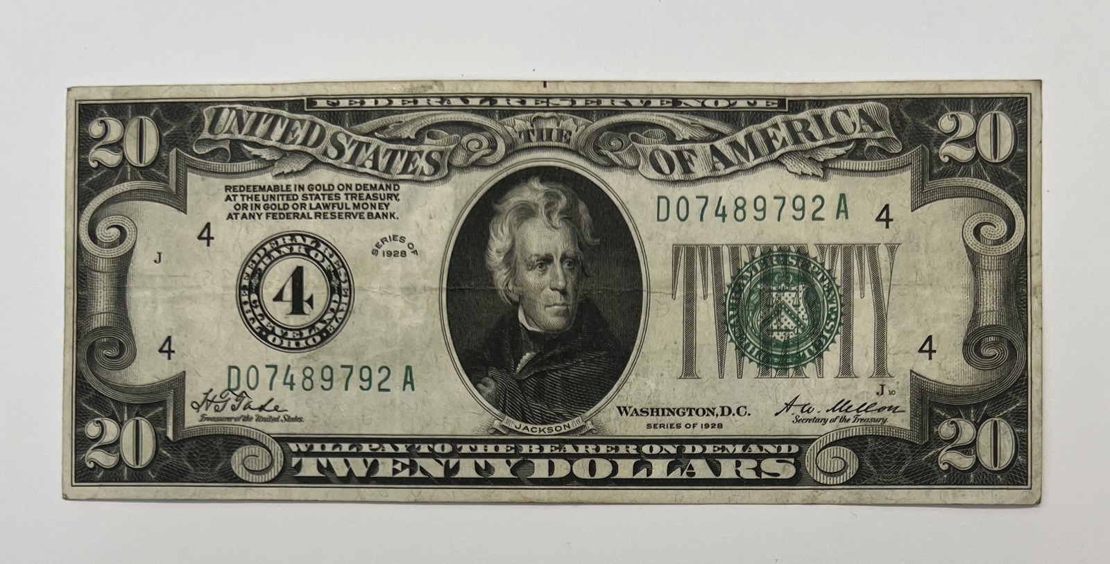 1928 $20 Cleveland OH Numerical 4 Redeemable in Gold Crisp Federal Reserve Note
