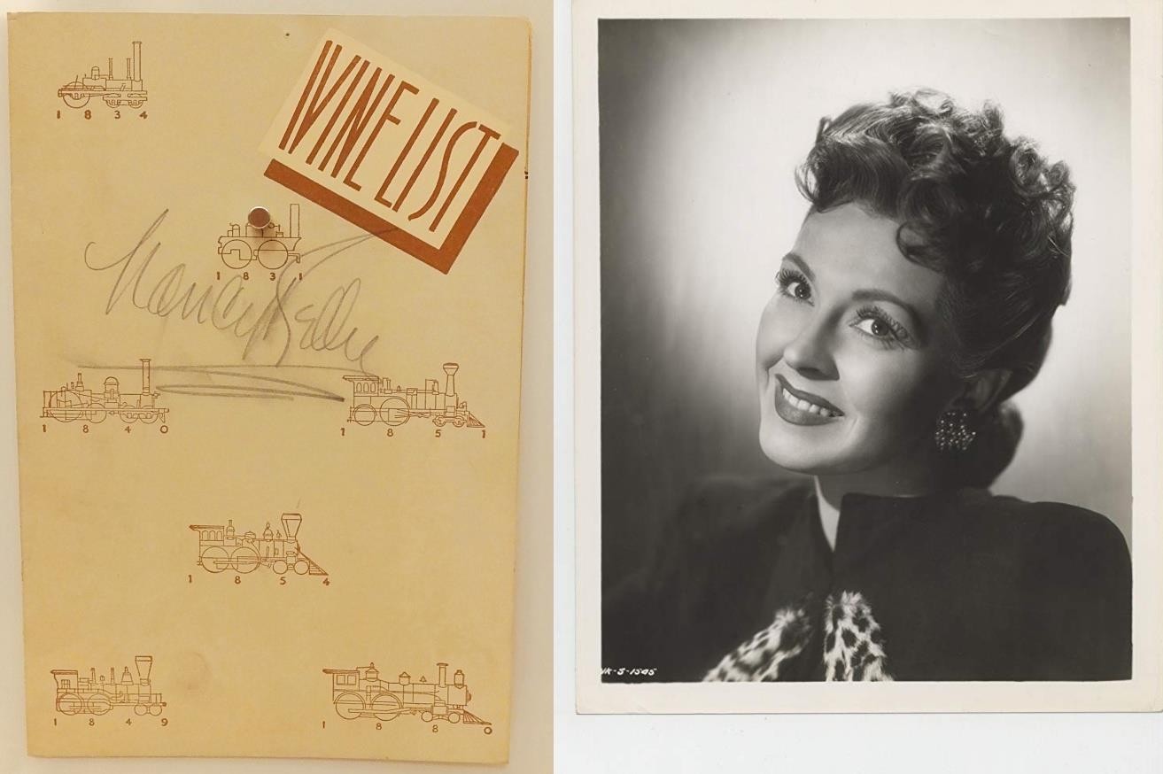 NANCY KELLY Actress SIGNED MENU 1939, 20th CENTURY Ltd TRAIN Wine Beverage RR NY