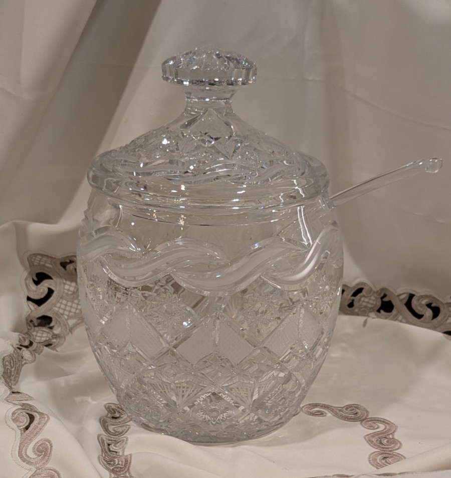 Vintage 13.5” Polish Crystal Lidded Punch Bowl with Ladle-One of a kind piece