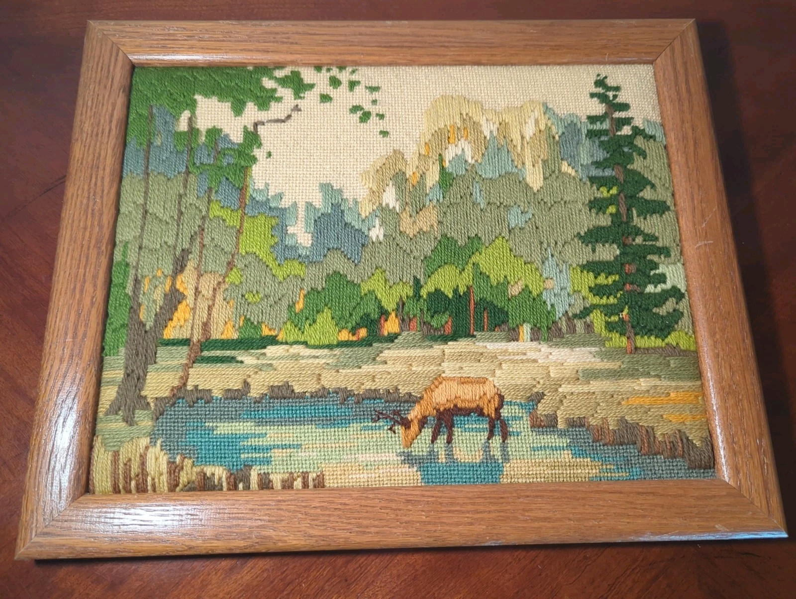 Vintage Framed Needlepoint Deer Forest Landscape Wall Art Wood Frame 13x16 Vintage Framed Needlepoint Deer Forest Landscape Wall Art Wood Frame 13x16