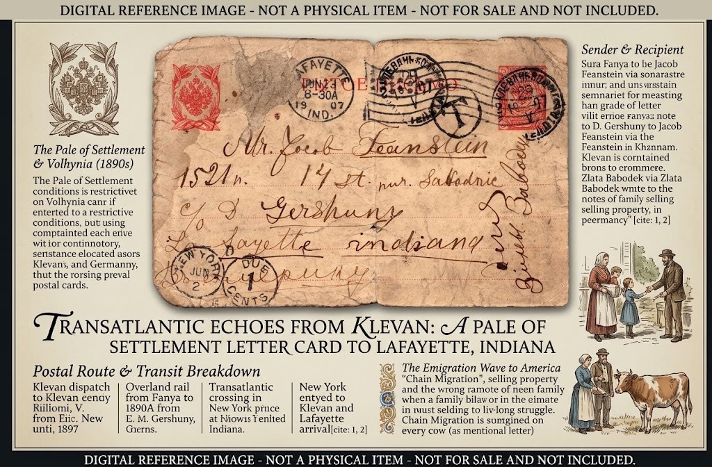 1907 Imperial Russia Klevan Ukraine to Lafayette IN Postage Due Lettercard (