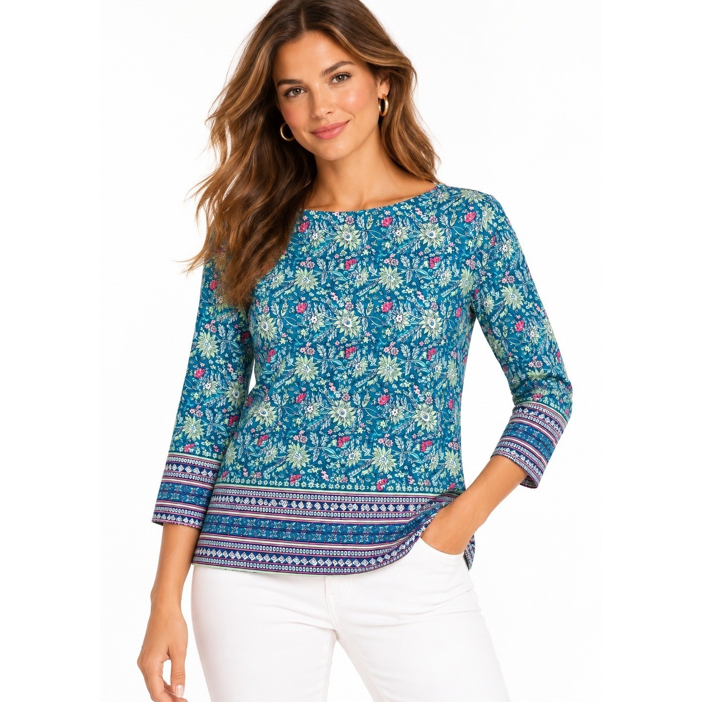 Talbots Floral Boatneck Tee Teal Blue Multicolor 3/4 Sleeve Top Large NWT