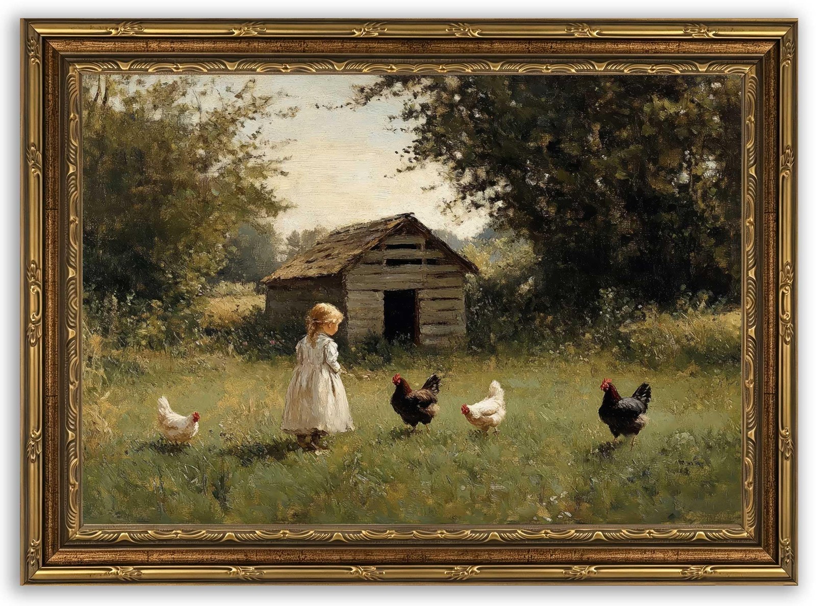 Gold Framed Canvas Wall Art, Rustic Vintage Farmhouse Girl Painting Picture W...