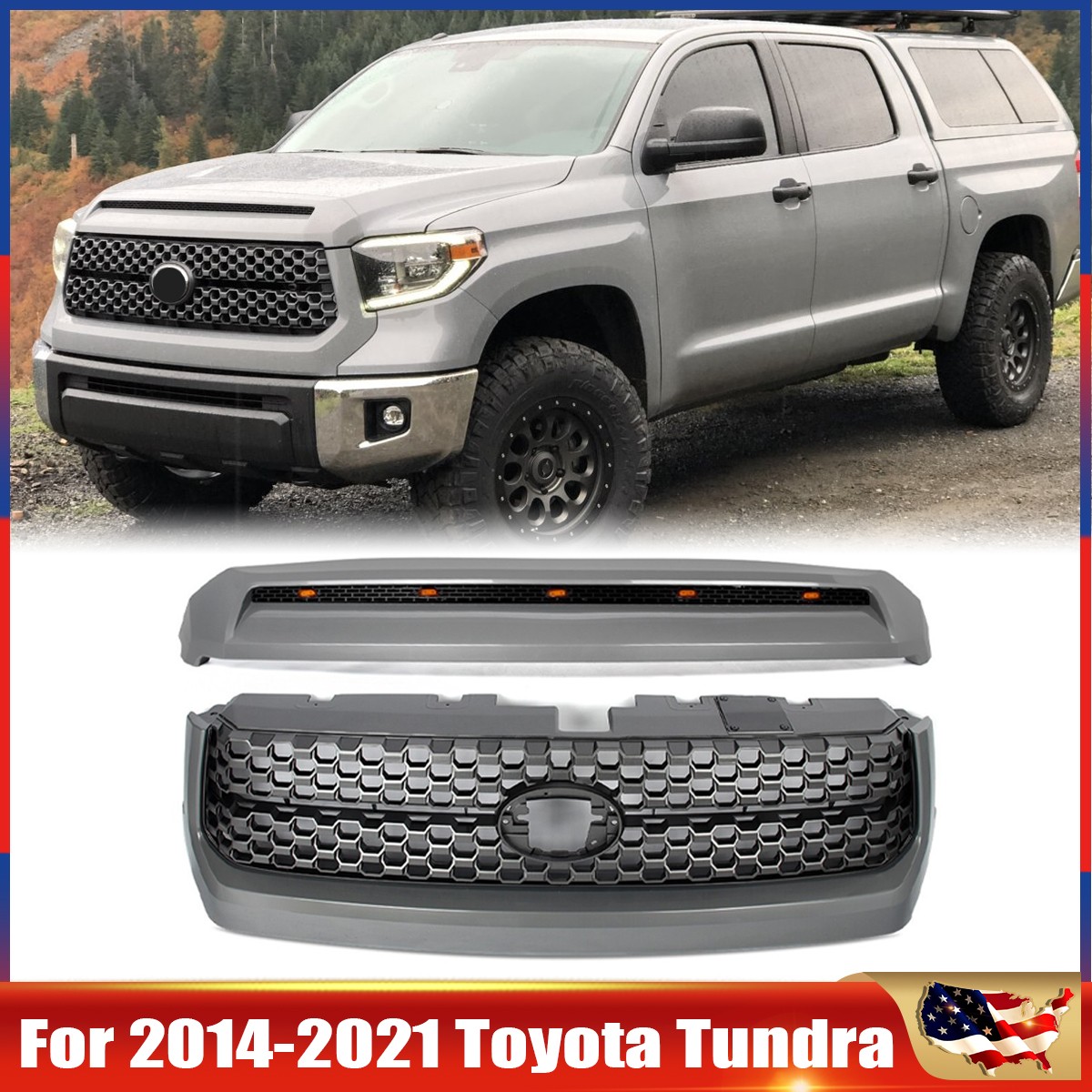 For 2014-21 Toyota Tundra Front Grille &Hood Bulge Molding W/Lights Cement Grey