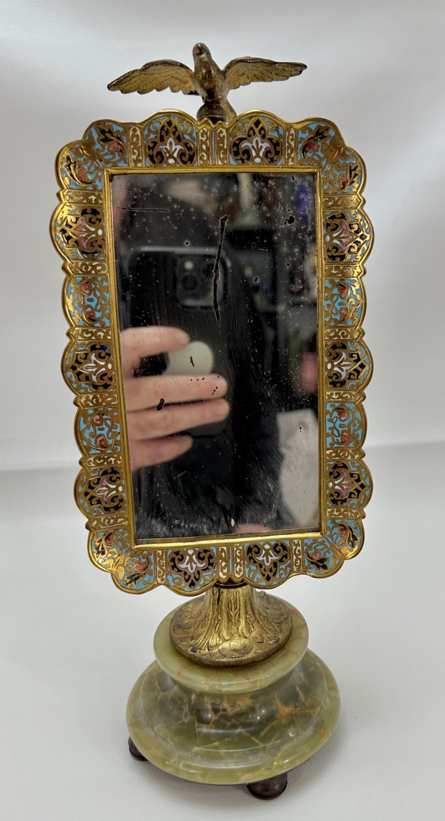 Antique French Bronze Enamel Champleve Mirror Marble Base Bird Finial Cloisonne