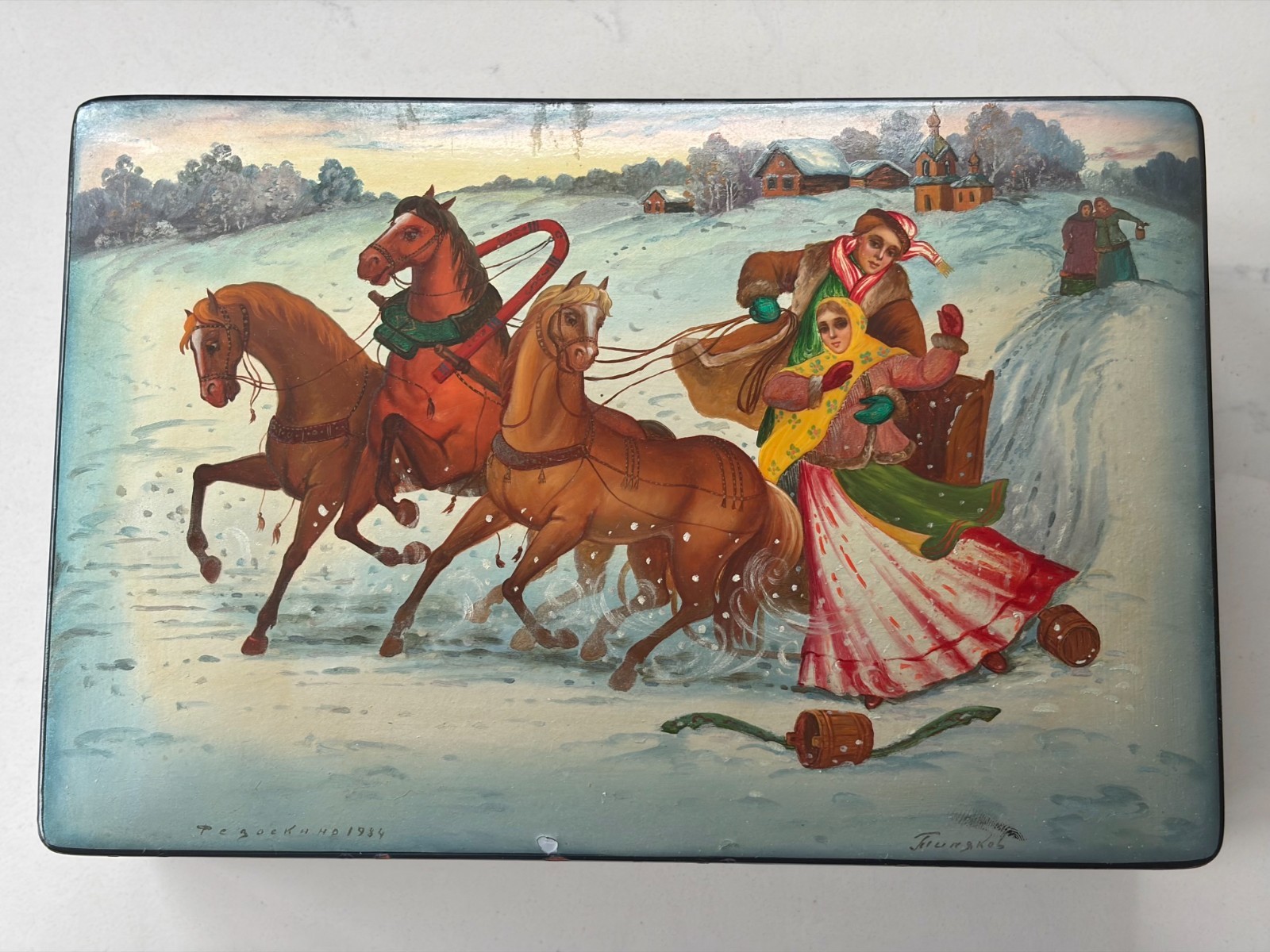 Russian Folk Art Hand Painted Black Lacquered Box Signed/Dated / Holiday Winter