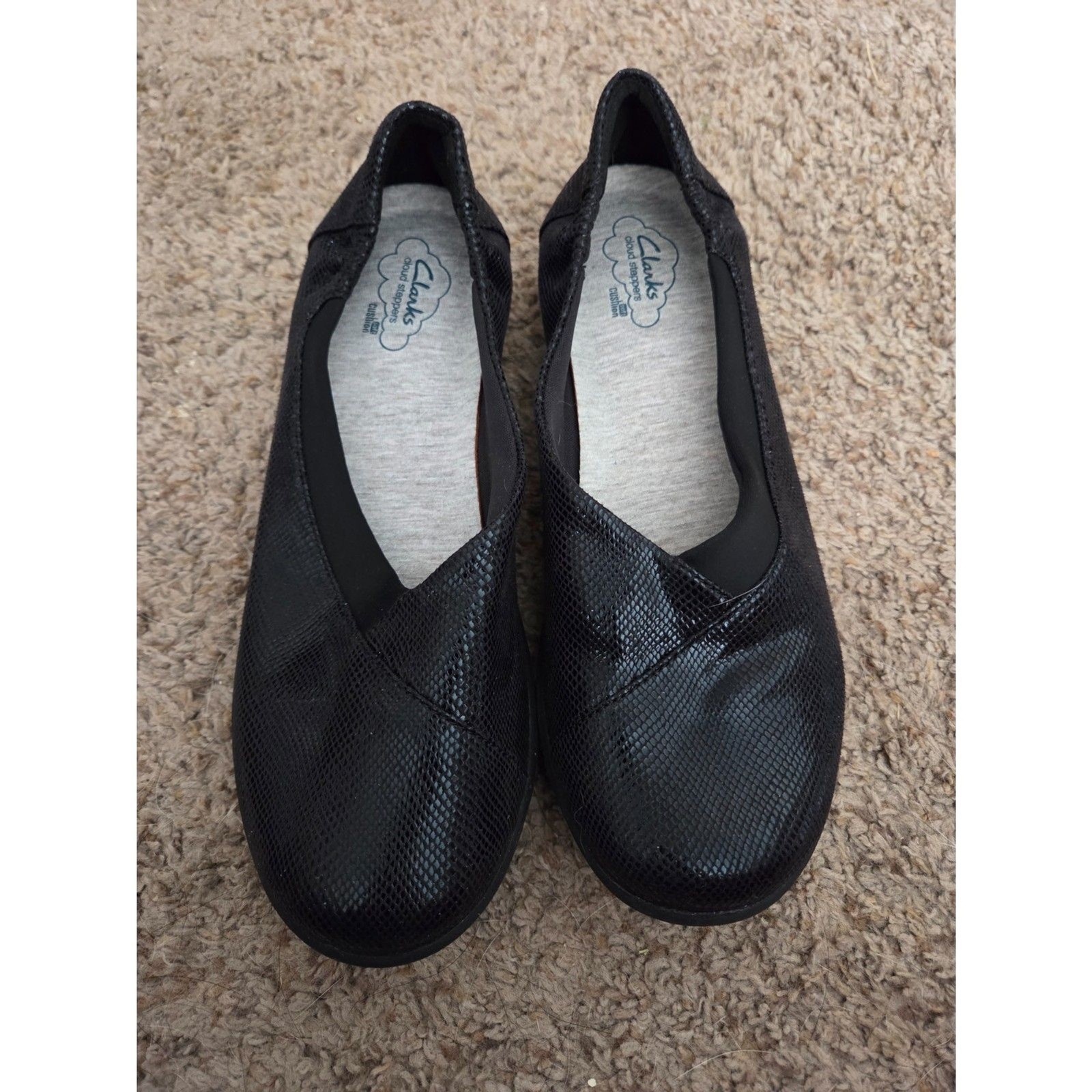 Clarks Cloudsteppers Black Textured Slip-On Comfort Flats