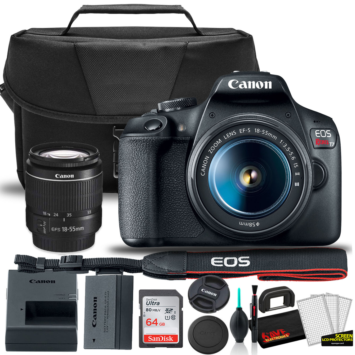 Canon Rebel T7 DSLR Camera W/ 18-55mm Lens + Bag + Sandisk 64GB + Care Kit