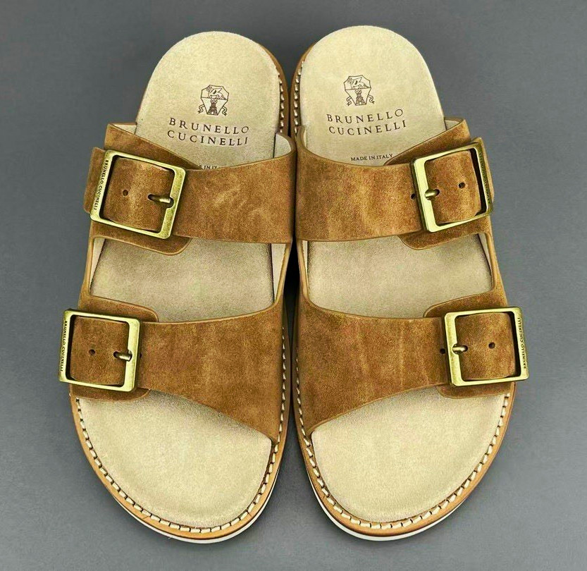 Brunello Cucinelli Brown Suede Double Buckle Slide Sandals EU 40 US 11