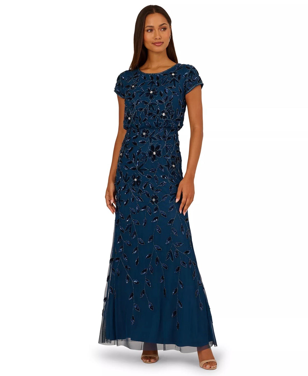 NWT Adrianna Papell Blue Beaded Floral Gown Bateau Long Maxi Dress Size 6 $299