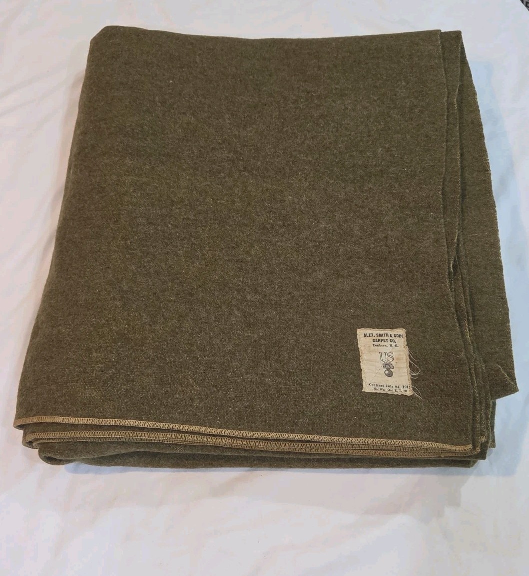WWI US Army Wool Blanket 1917 Alexander Smith & Sons 72x82 Contract Tag Ordnance