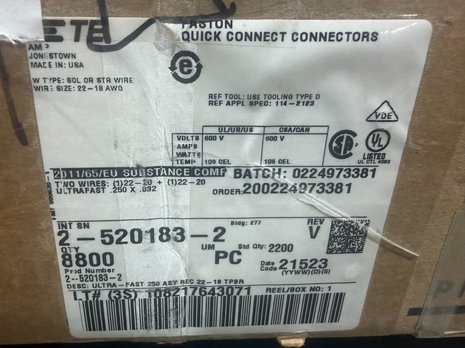 QTY 8,800 TE 2-520183-2 Ultra-Fast .250 ASY REC 22-18 TPBR Reel