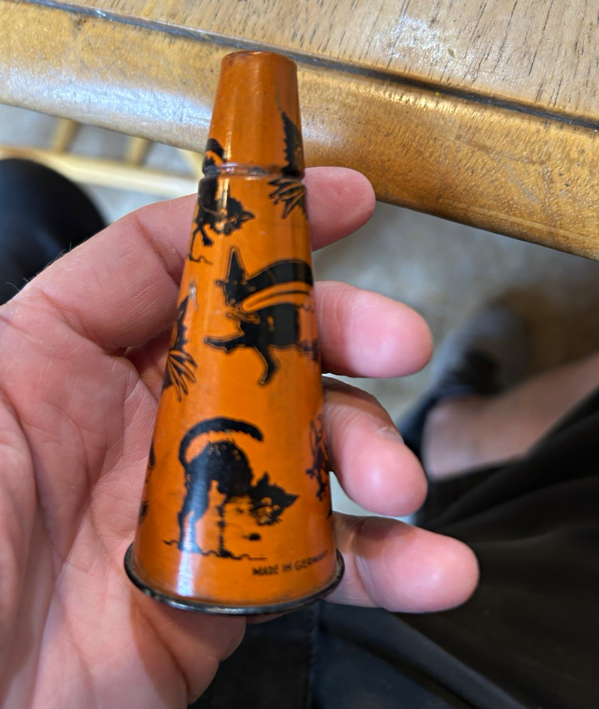 VINTAGE ANTIQUE HALLOWEEN GERMANY HORN TIN Witch, Black Cats, Jack O Lantern