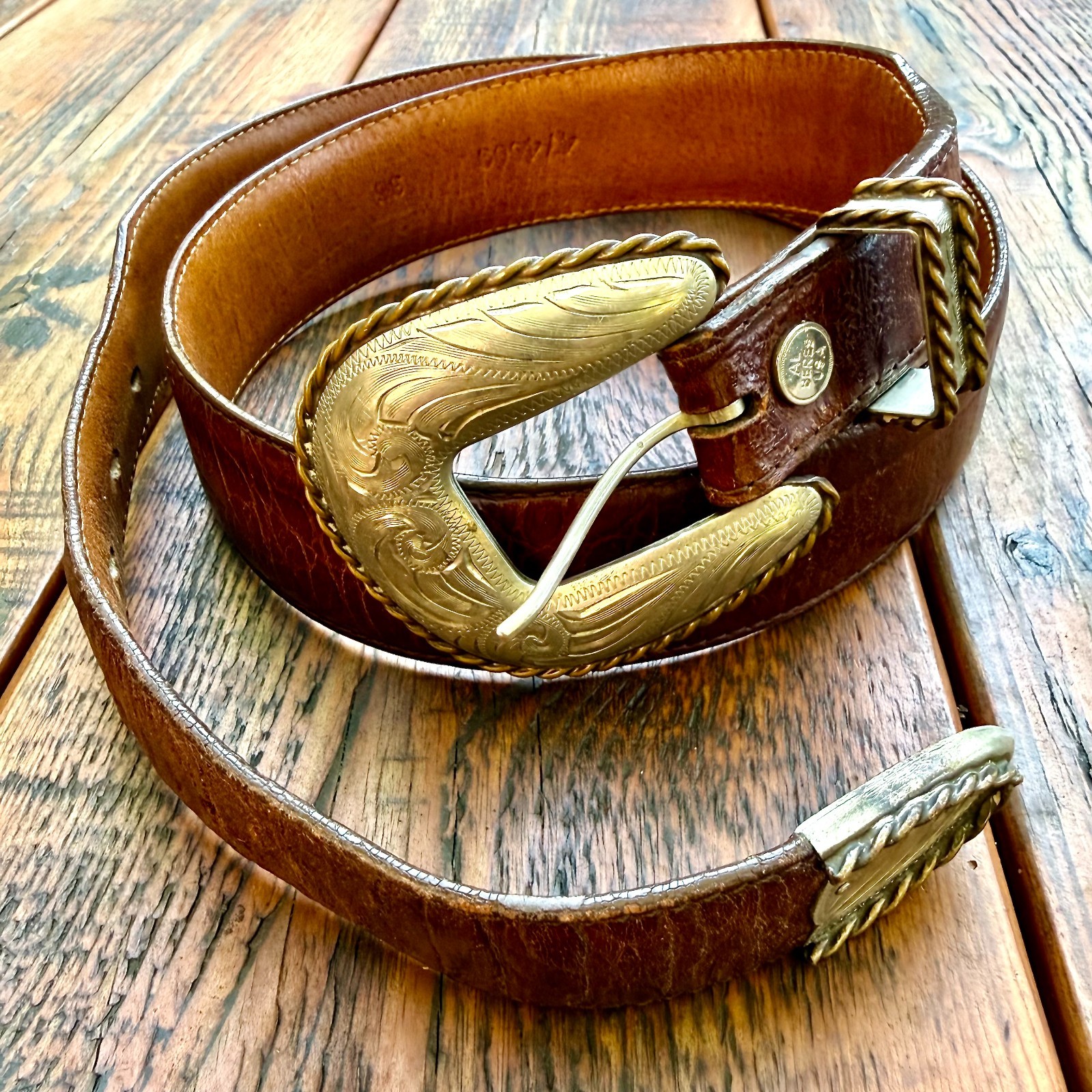 VINTAGE AL BERES LEATHER WESTERN BELT, 3 PIECE BUCKLE SET, NICKEL SILVER, sz36 VINTAGE AL BERES LEATHER WESTERN BELT, 3 PIECE BUCKLE SET, NICKEL SILVER, sz36