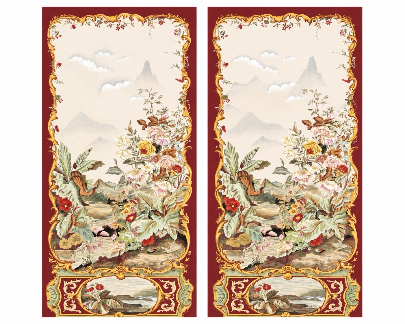 Pair Hand Painted Watercolor Floral Medallion French Style Panels 31” X 62” Pair Hand Painted Watercolor Floral Medallion French Style Panels 31” X 62”