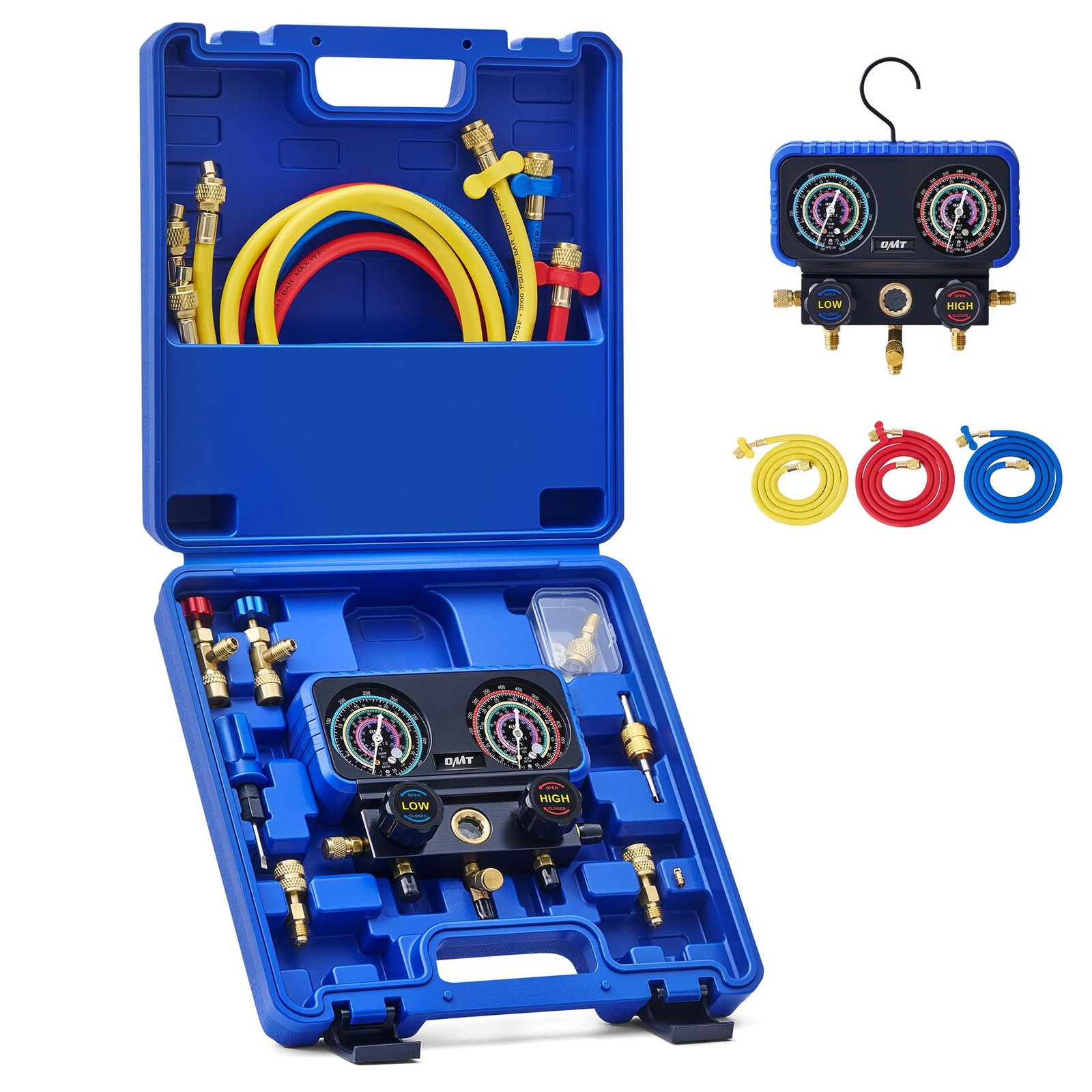 OMT 3-Way AC Manifold Gauge Set for R410A R32 R22 R454B, 5ft Hoses OMT 3-Way AC Manifold Gauge Set for R410A R32 R22 R454B, 5ft Hoses