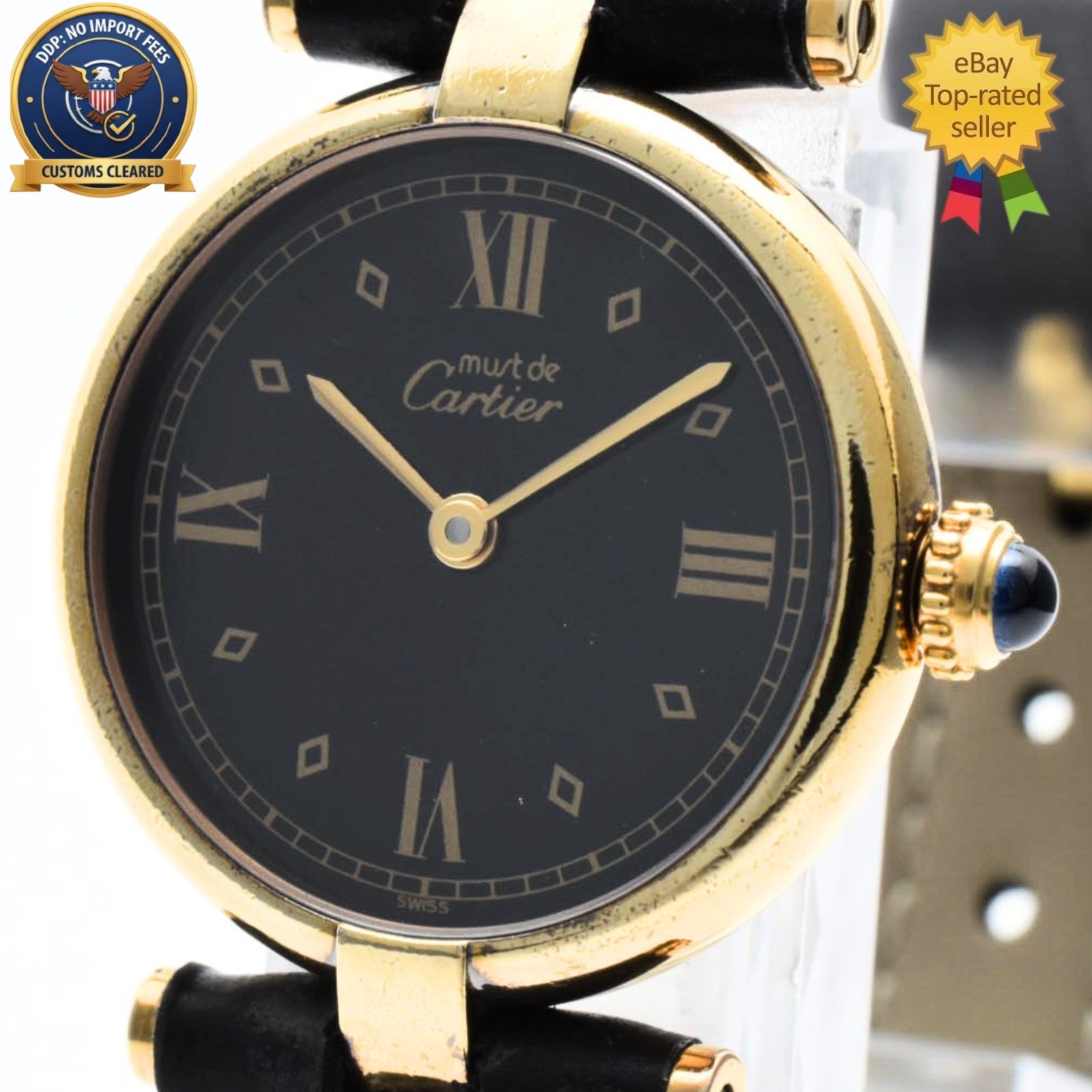 [Exc+5] CARTIER 590004 Must Vendome Vermeil SM Black Dial 24mm Women\'s Qz Watch