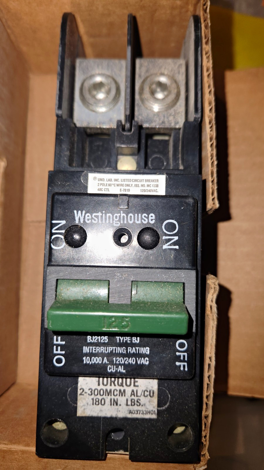 Westinghouse BJ2125 Circuit Breaker 125A 2-Pole 120/240V AC Thermal