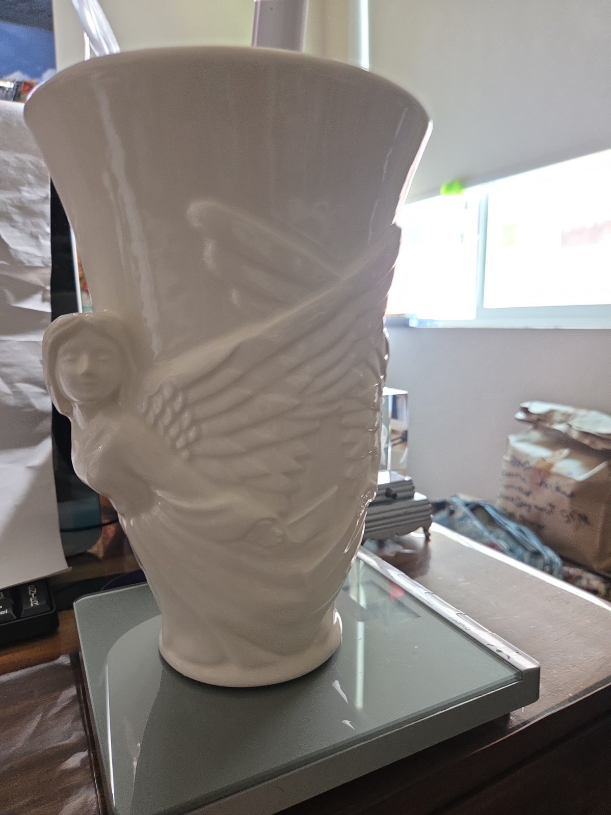 Vintage Napco Planter/Vase Embossed Winged Angel. White High Gloss Finish Japan