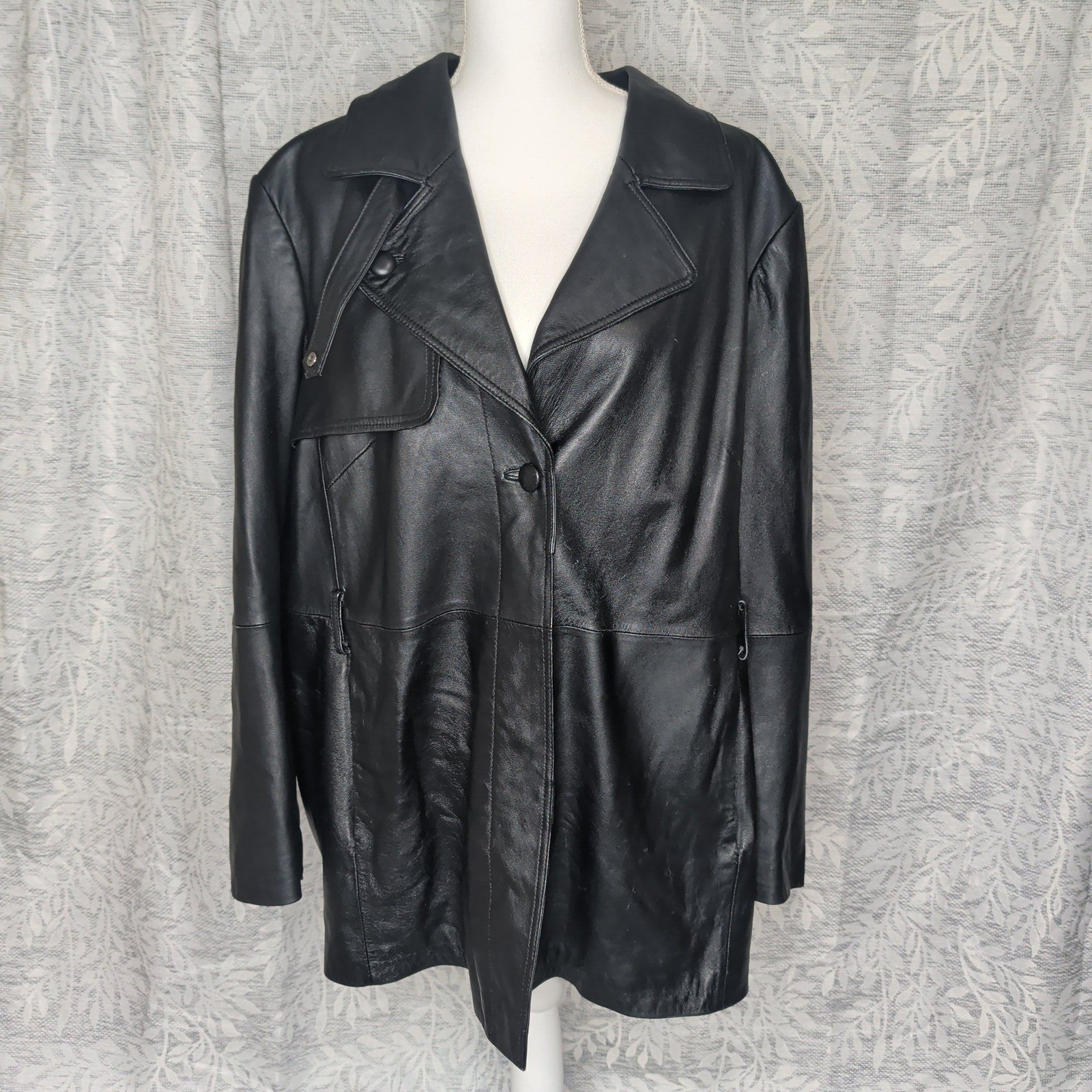 Vintage Avenue Black Leather Storm Flap Jacket Plus Size 22/24 Trench Style Vintage Avenue Black Leather Storm Flap Jacket Plus Size 22/24 Trench Style